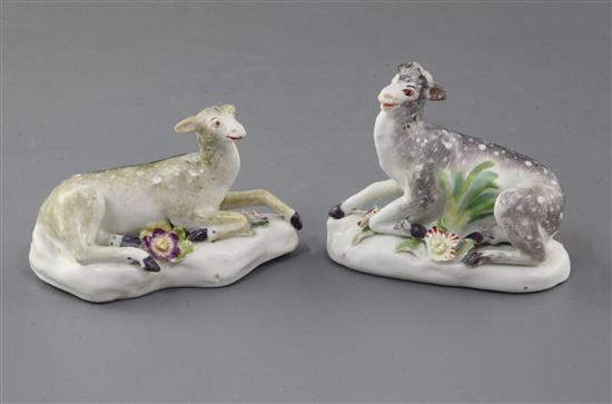 A matched pair of early Derby figures of a stag and hind, c.1756-8, l. 10cm and 11cm, some faults